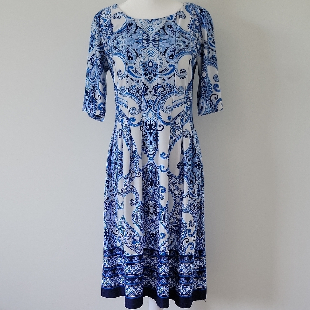 Women's Shelby & Palmer Blue White Santorini Fit and Flare Midi Dress Size Small